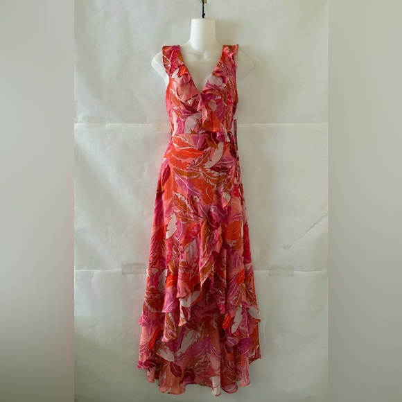 Aqua Wrap Maxi Dress Sz XS Pink Orange Floral Ruffle NWT High Low Chiffon Event